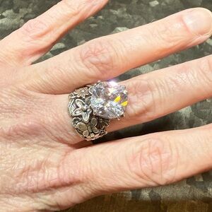 Large Sterling Silver Cubic Zirconia Flowers Butterfly Israel Cocktail Ring 925